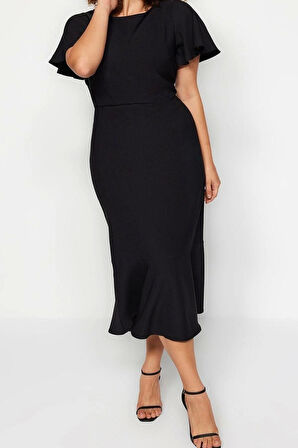 Moda Fit Gündüz Gece Finike Dokuma Bisiklet Yaka Kısa Kol Bodycone Midi Boy Büyük Beden Elbise