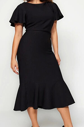 Moda Fit Gündüz Gece Finike Dokuma Bisiklet Yaka Kısa Kol Bodycone Midi Boy Büyük Beden Elbise