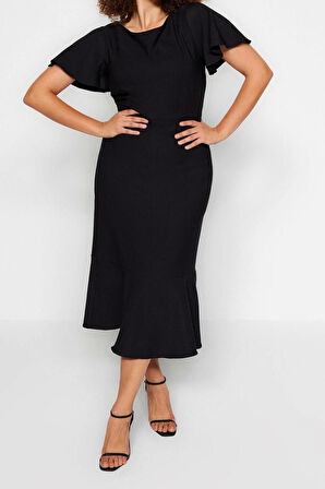 Moda Fit Gündüz Gece Finike Dokuma Bisiklet Yaka Kısa Kol Bodycone Midi Boy Büyük Beden Elbise