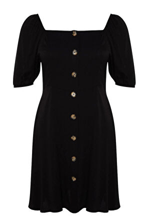 Moda Fit Casual Günlük Shally Dokuma Kare Yaka Kısa Kol A-Line Mini Boy Büyük Beden Elbise