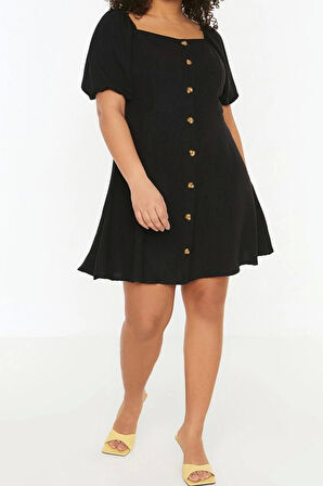 Moda Fit Casual Günlük Shally Dokuma Kare Yaka Kısa Kol A-Line Mini Boy Büyük Beden Elbise