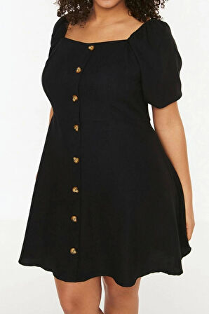 Moda Fit Casual Günlük Shally Dokuma Kare Yaka Kısa Kol A-Line Mini Boy Büyük Beden Elbise