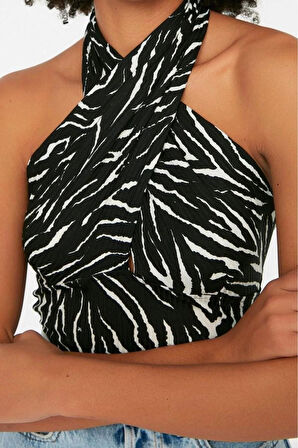 Moda Boyundan Bağlamalı Örme Slim Animal Desen Casual Günlük Crop Kolsuz Bluz