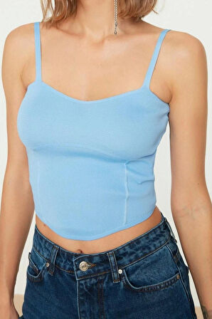 Moda Kalp Yaka Triko Slim Düz Desen Casual Günlük Super Crop Askılı Kol Bluz