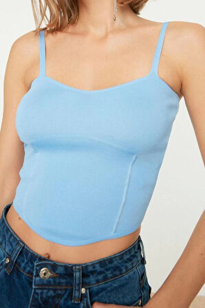 Moda Kalp Yaka Triko Slim Düz Desen Casual Günlük Super Crop Askılı Kol Bluz