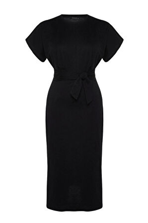 Moda Slim Casual Günlük Süprem Örme Bisiklet Yaka Kısa Kol Shift Midi Boy Büyük Beden Elbise