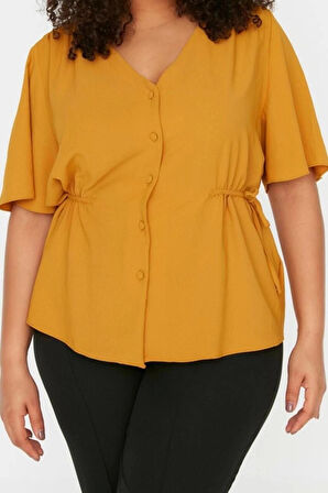 Moda Büyük Beden V Yaka Dokuma Regular Düz Desen Casual Günlük Regular Kısa Kol Bluz