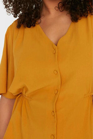 Moda Büyük Beden V Yaka Dokuma Regular Düz Desen Casual Günlük Regular Kısa Kol Bluz