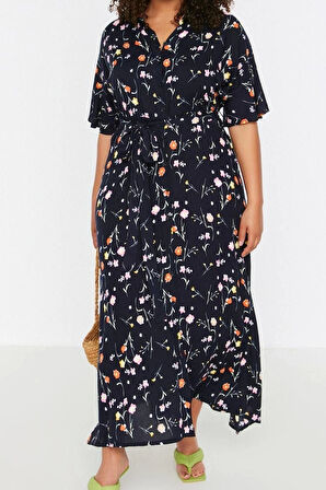 Moda Rahat Casual Günlük Viskon Dokuma Gömlek Yaka Kısa Kol A-Line Maxi Boy Büyük Beden Elbise