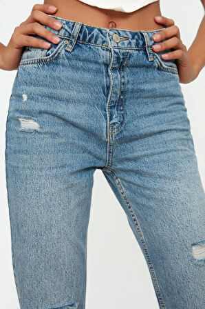 Stil Kadın Moda Denim Kot Pantolon Regular Boru Paça Mavi Yırtık Detaylı Yüksek Bel Jeans