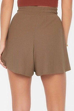 Moda Örme Normal Bel Geniş Paça Gündelik Vizon Rahat Kesim Normal Bel Bürümcük Dokulu Şort