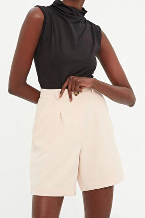 Moda Dokuma Yüksek Bel Boru Paça Gündelik Taş Cepli Dokuma City Şort