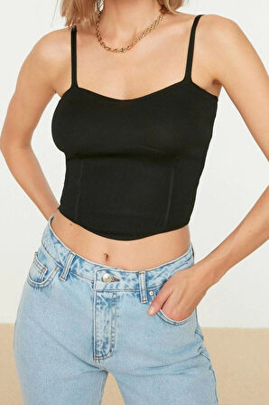 Moda Kalp Yaka Triko Slim Düz Desen Casual Günlük Super Crop Askılı Kol Bluz