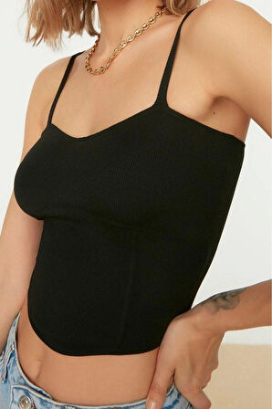 Moda Kalp Yaka Triko Slim Düz Desen Casual Günlük Super Crop Askılı Kol Bluz