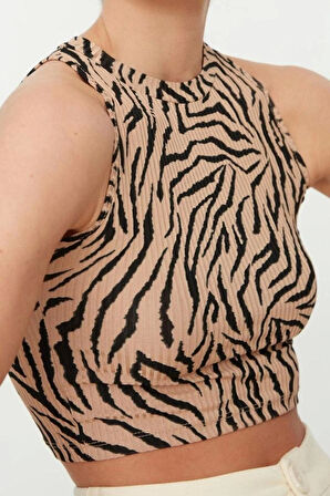 Moda Halter Yaka Örme Slim Animal Desen Casual Günlük Regular Kolsuz Bluz