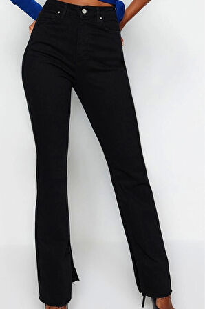 Stil Kadın Moda Denim Kot Pantolon Regular Boru Paça Yırtmaçlı Yüksek Bel Jeans