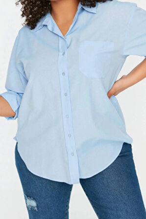 Moda Kadın Büyük Beden Gömlek Yaka Düz Desen Günlük Boyfriend Dokuma Gömlek