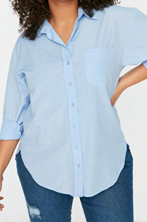 Moda Kadın Büyük Beden Gömlek Yaka Düz Desen Günlük Boyfriend Dokuma Gömlek