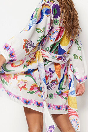 Moda Dokuma Regular Kalıp Uzun V Yaka Balon Kol Vual Basic Etnik Desen Kimono Kaftan