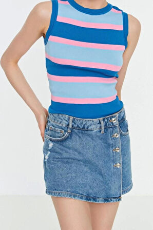 Moda Bisiklet Yaka Triko Slim Çizgili Desen Casual Günlük Crop Kolsuz Bluz