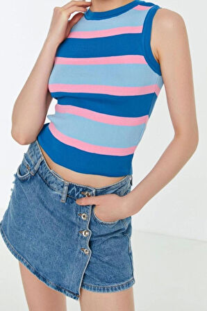 Moda Bisiklet Yaka Triko Slim Çizgili Desen Casual Günlük Crop Kolsuz Bluz