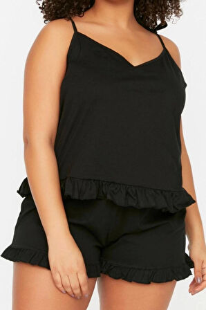 Tarz Rahat Büyük Beden Uzun Kollu Geniş Paça Fırfır Detaylı Askılı Örme Pijama Takımı