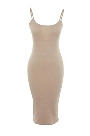 Moda Slim Casual Günlük Kaşkorse Örme Havuz Yaka Askılı Kol Bodycone Midi Boy Elbise