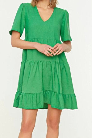 Moda Regular Casual Günlük Aerobin Dokuma V Yaka Kısa Kol Shift Mini Boy Elbise