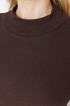 Moda Dik Yaka Örme Slim Düz Desen Casual Günlük Regular Uzun Kol Bluz