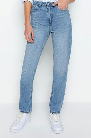 Stil Kadın Moda Denim Kot Pantolon Regular Boru Paça Mavi Yüksek Bel Straight Jeans