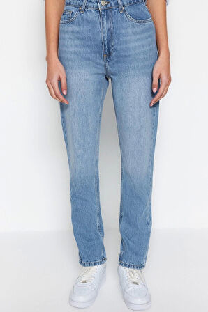 Stil Kadın Moda Denim Kot Pantolon Regular Boru Paça Mavi Yüksek Bel Straight Jeans