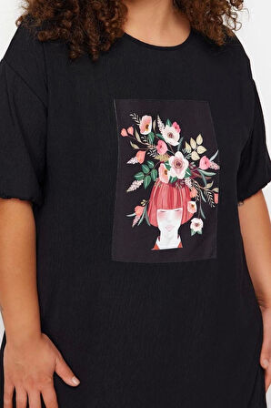 Moda Rahat Casual Günlük Queen Crep Dokuma Bisiklet Yaka Kısa Kol Smock Midi Boy Büyük Beden Elbise