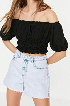Moda Carmen Yaka Örme Regular Düz Desen Casual Günlük Crop Kısa Kol Bluz