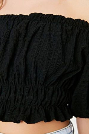 Moda Carmen Yaka Örme Regular Düz Desen Casual Günlük Crop Kısa Kol Bluz