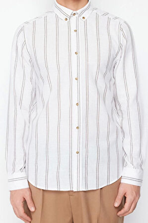Moda Erkek Düğmeli Yaka Çizgili Desen Günlük İnce Çizgili Gömlek