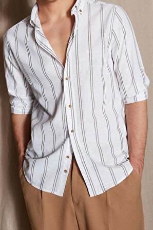 Moda Erkek Düğmeli Yaka Çizgili Desen Günlük İnce Çizgili Gömlek