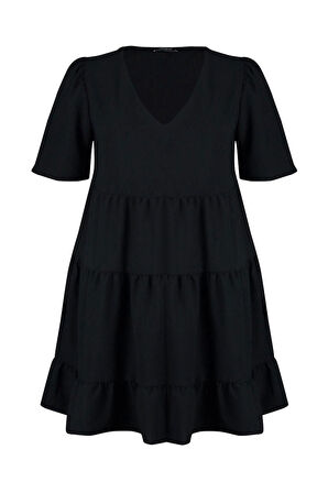 Moda Rahat Casual Günlük Aerobin Dokuma V Yaka Kısa Kol Smock Mini Boy Büyük Beden Elbise