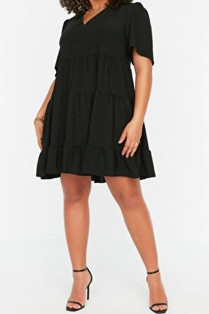 Moda Rahat Casual Günlük Aerobin Dokuma V Yaka Kısa Kol Smock Mini Boy Büyük Beden Elbise