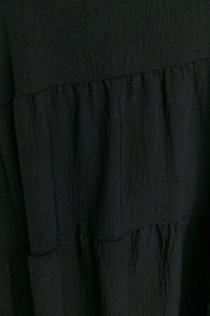 Moda Rahat Casual Günlük Aerobin Dokuma V Yaka Kısa Kol Smock Mini Boy Büyük Beden Elbise