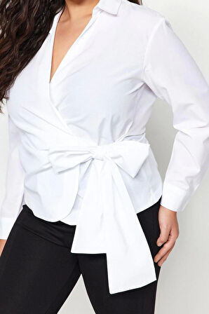 Moda Kadın Büyük Beden Kruvaze Düz Desen Günlük Kruvaze Bağlama Detaylı Dokuma Gömlek