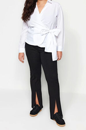 Moda Kadın Büyük Beden Kruvaze Düz Desen Günlük Kruvaze Bağlama Detaylı Dokuma Gömlek