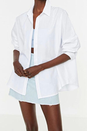 Moda Kadın Gömlek Yaka Düz Desen Günlük Pamuklu Oversize Geniş Kalıp Dokuma Gömlek