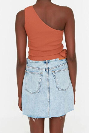 Moda Asimetrik Yaka Örme Slim Düz Desen Casual Günlük Crop Kolsuz Bluz