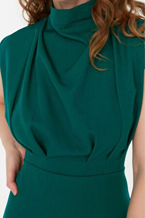 Moda Kolsuz Dik Yaka Midi Elbise Camel Vücuda Oturan Dik Yaka Midi Kalem Etek Dokuma Elbise