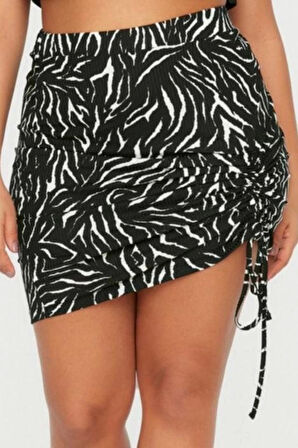 Modern Tarz Büyük Beden Astarsız Örme Mini Boy Büzgülü Hayvan Desen Örme Etek