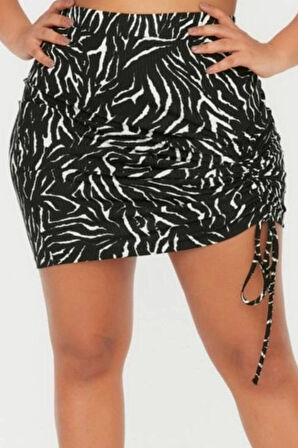 Modern Tarz Büyük Beden Astarsız Örme Mini Boy Büzgülü Hayvan Desen Örme Etek