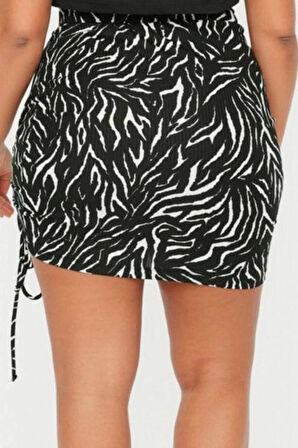 Modern Tarz Büyük Beden Astarsız Örme Mini Boy Büzgülü Hayvan Desen Örme Etek