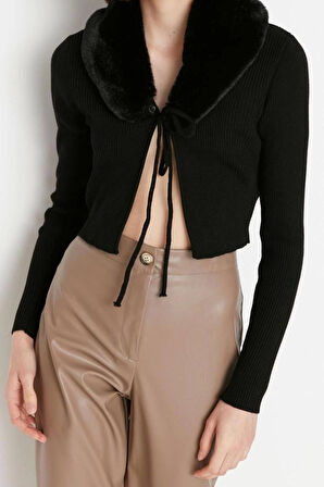 Kadın Modern Tarz Slim V Yaka Crop Triko Hırka