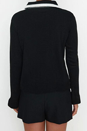 Stil Modern Kadın Regular Standart Kol Polo Yaka Renk Bloklu Kurdeleli Detaylı Triko Kazak