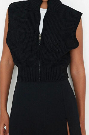 Stil Modern Kadın Crop Standart Kol Dik Yaka Fermuarlı Basic Triko Yelek